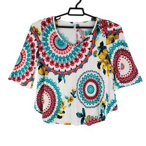 Womens Yee Blouse Shirt Multicolor 3/4 Wide Sleeves Round Neck Geometric Size S